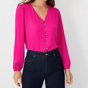 Ann Taylor Pink V-Neck Blouse with Pearl Buttons